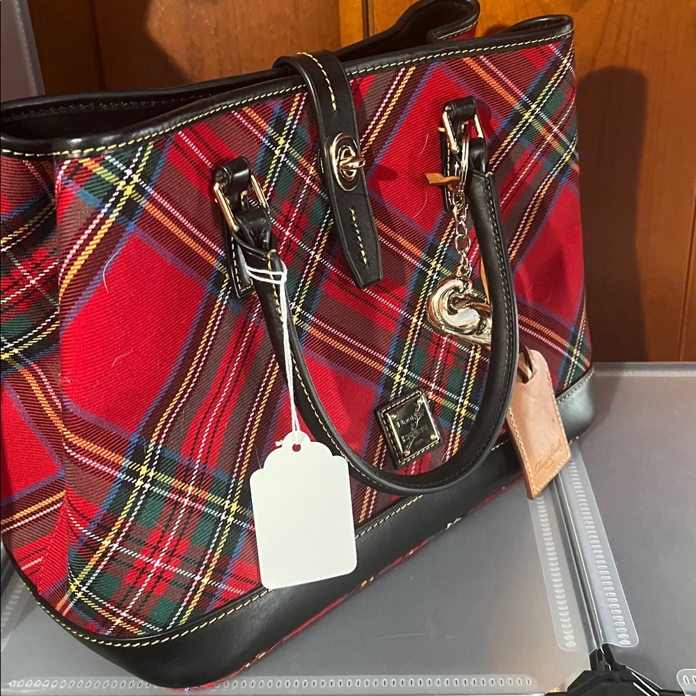 Dooney & Bourke Red Tartan Plaid Tote with Black Trim